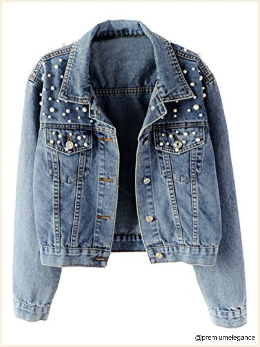Embroidered Pearl Denim Jean Jacket Coat Long Sleeve Button Front